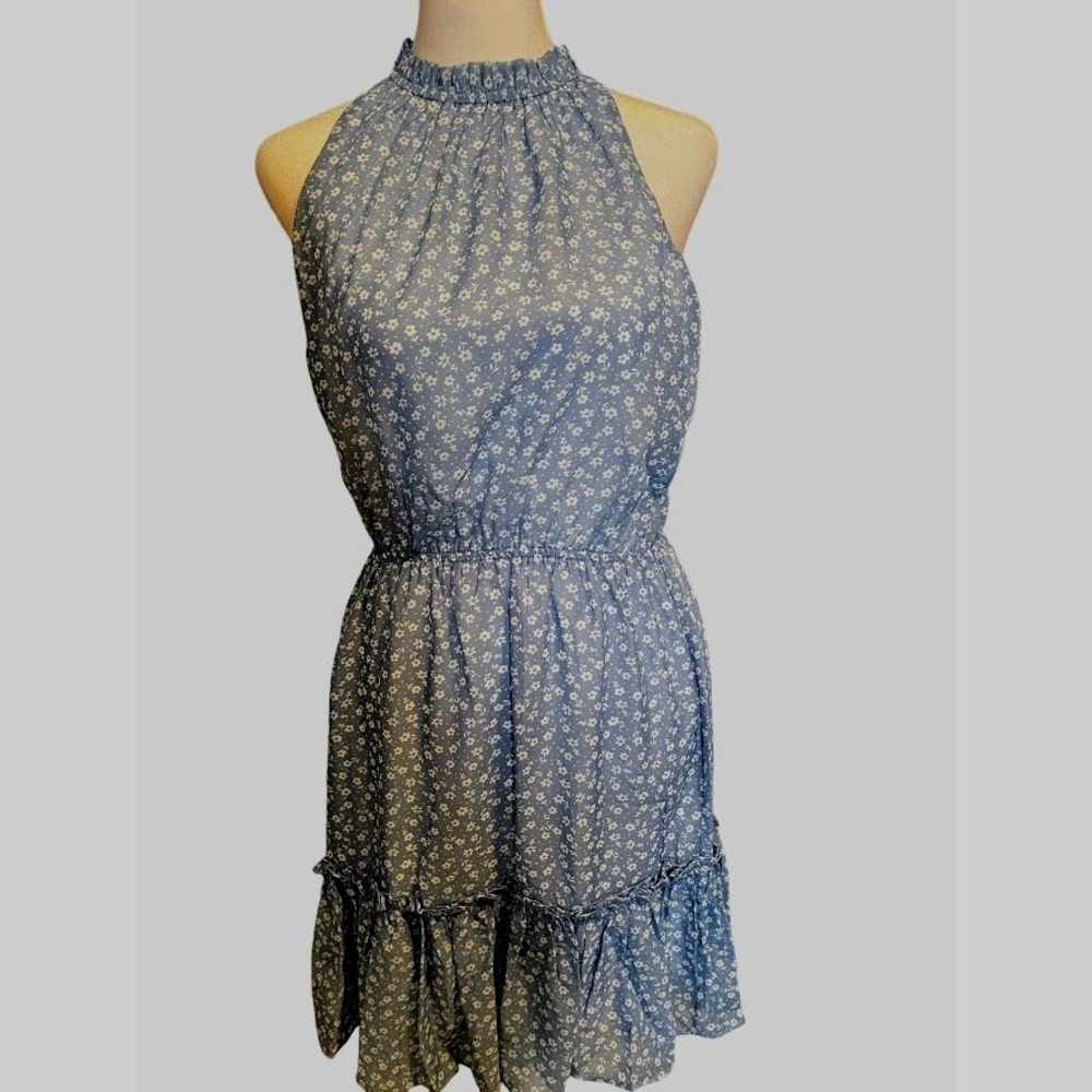 Love Ady Floral Halter Dress‎ Large Blue NEW Smocked Ruffle Mini
